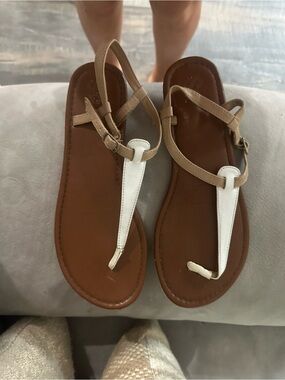 Women's Brown and White T-Strap Sandals